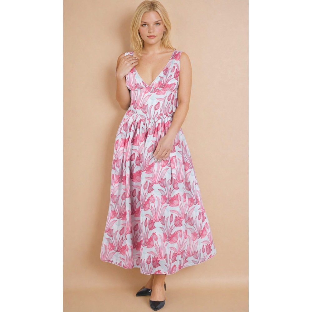 Attitude Corsets - Rrosalie Floral Prints Longue corset robe - Blanc/Rouge